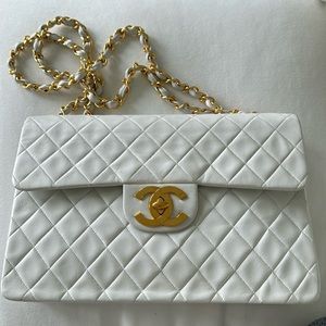 White quilted lambkin, classic, jumbo XL single flap, shoulder bag.